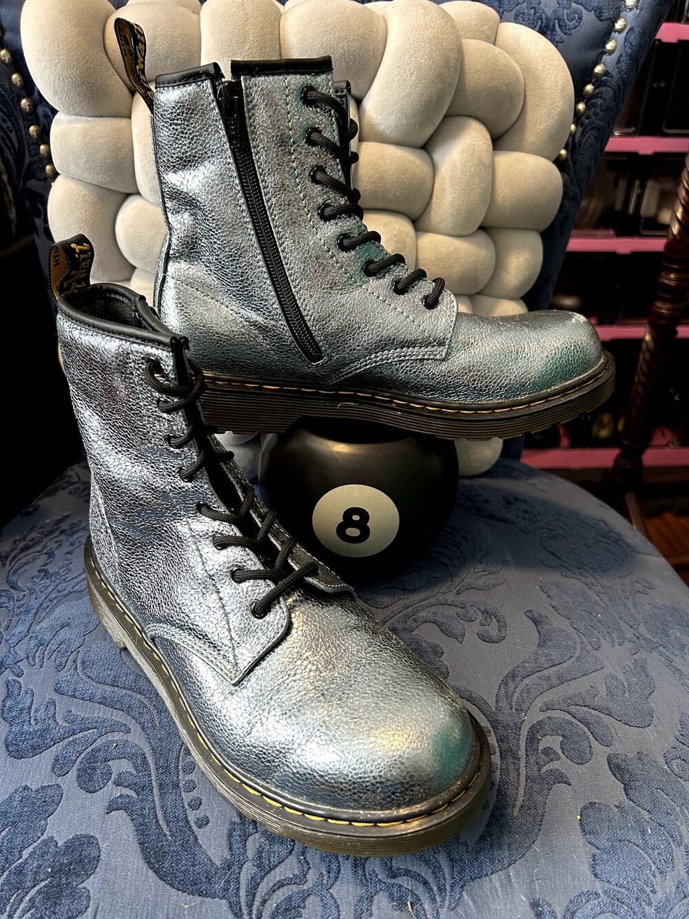Dr Martens Blue Silver Snake Print Size Zip 1460Y size 7/EU 38